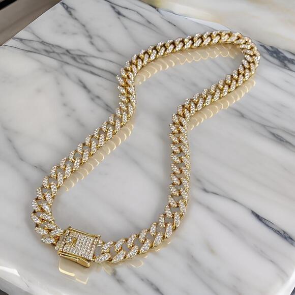 Yellow Rhinestone‎ Studded Cuban Link Curb Chain Necklace Gold 15.7 inches Luxe - Picture 1 of 3